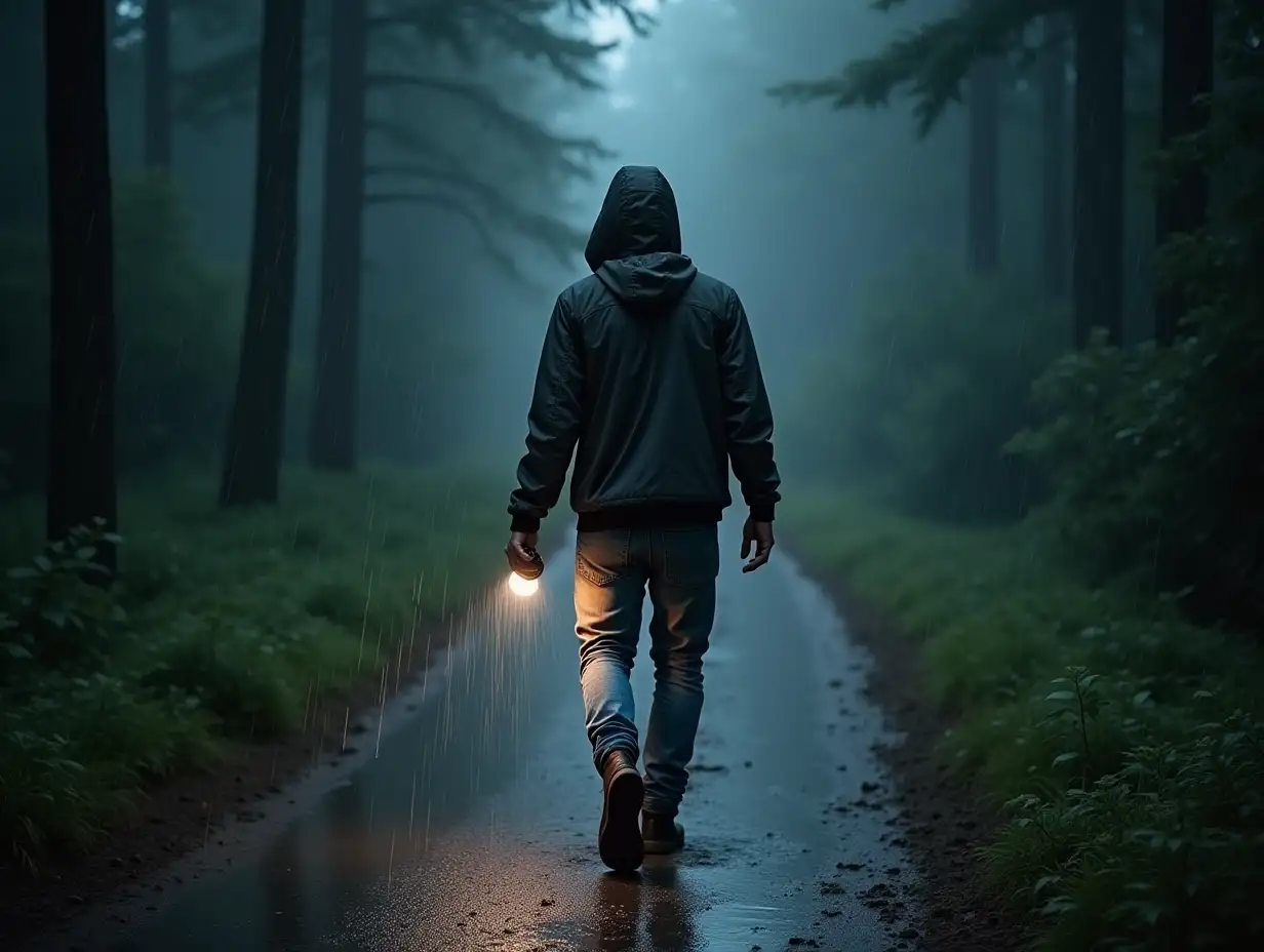 a man wearing a hooded jacket, wearing ripped jeans and wearing boots, carrying a flashlight, walking in a forest during heavy rain, getting soaked