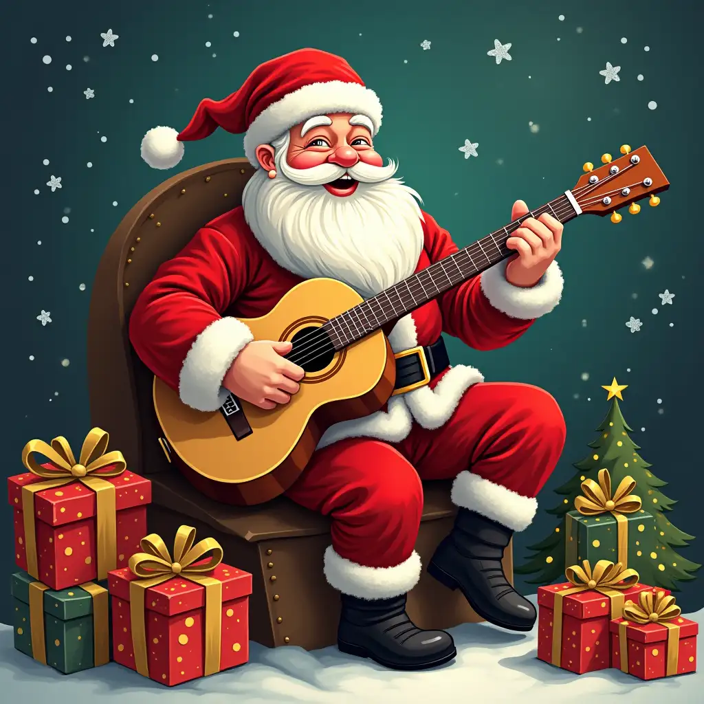 illustration of Santa Claus with a guitar among the gifts