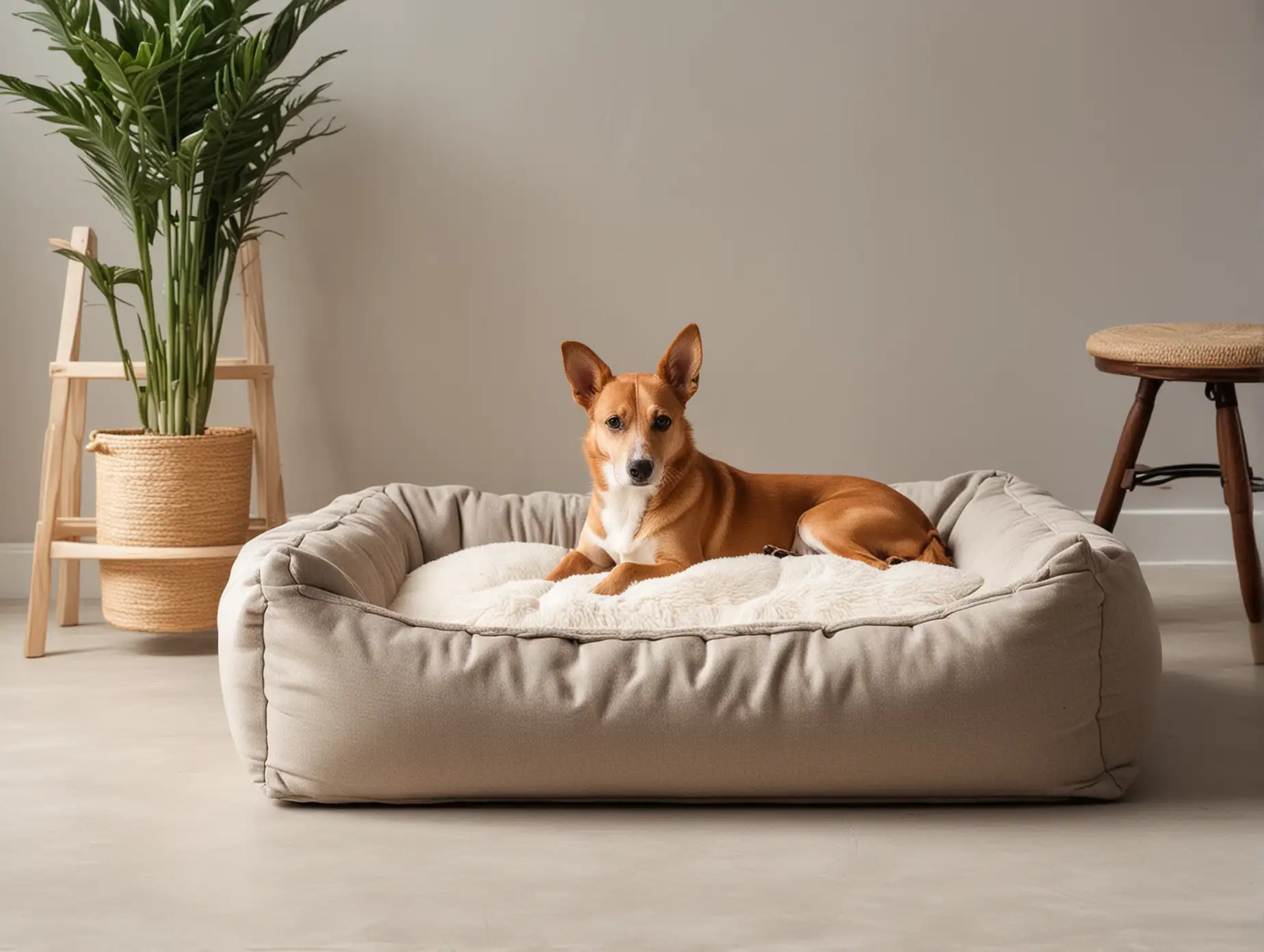 Minimalist-Dog-Bed-Next-to-Chair-in-Bright-Daylight-Studio