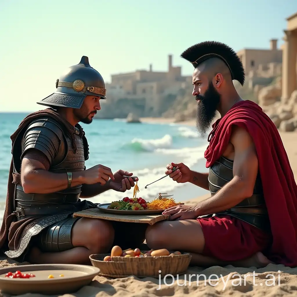 Samurai-and-Spartan-Warrior-Dining-on-Greek-Beach-with-City-in-the-Background