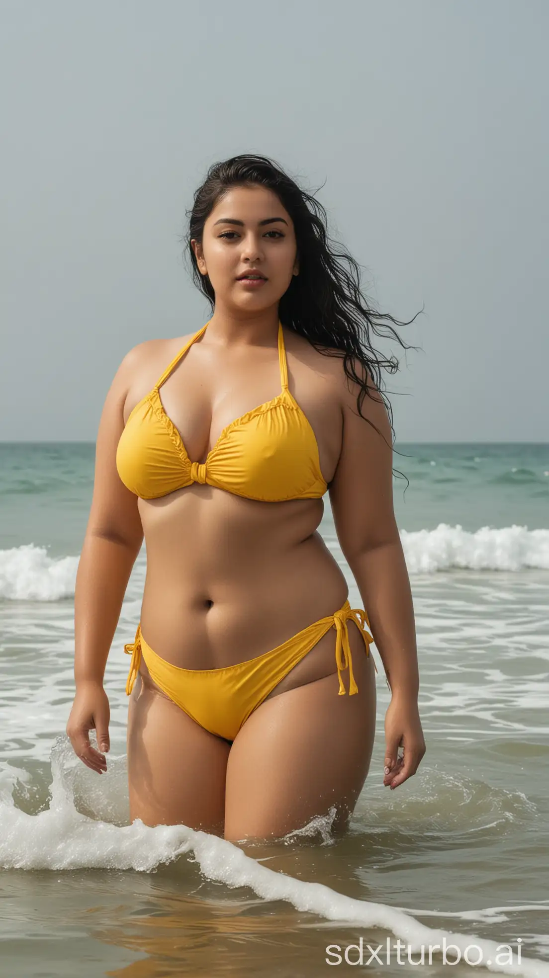 Plus-Size-Indian-Woman-in-Yellow-Bikini-Standing-in-the-Ocean