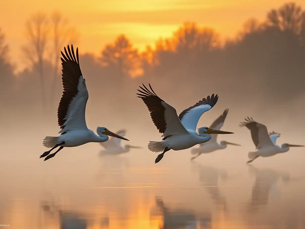 Stately pelicans steam in the dawn