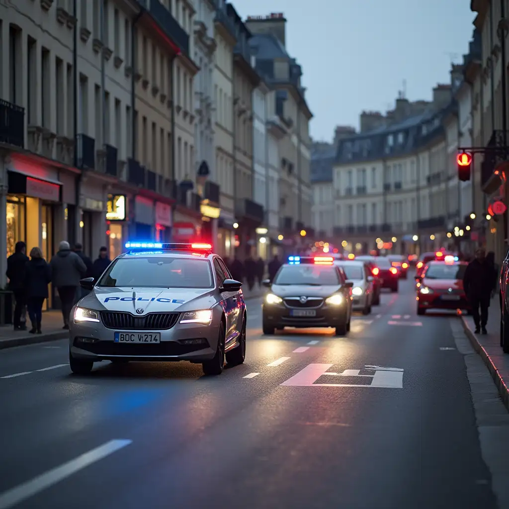 POLICE AND BEACON AND CARS IN THE STREET OF FRANCE