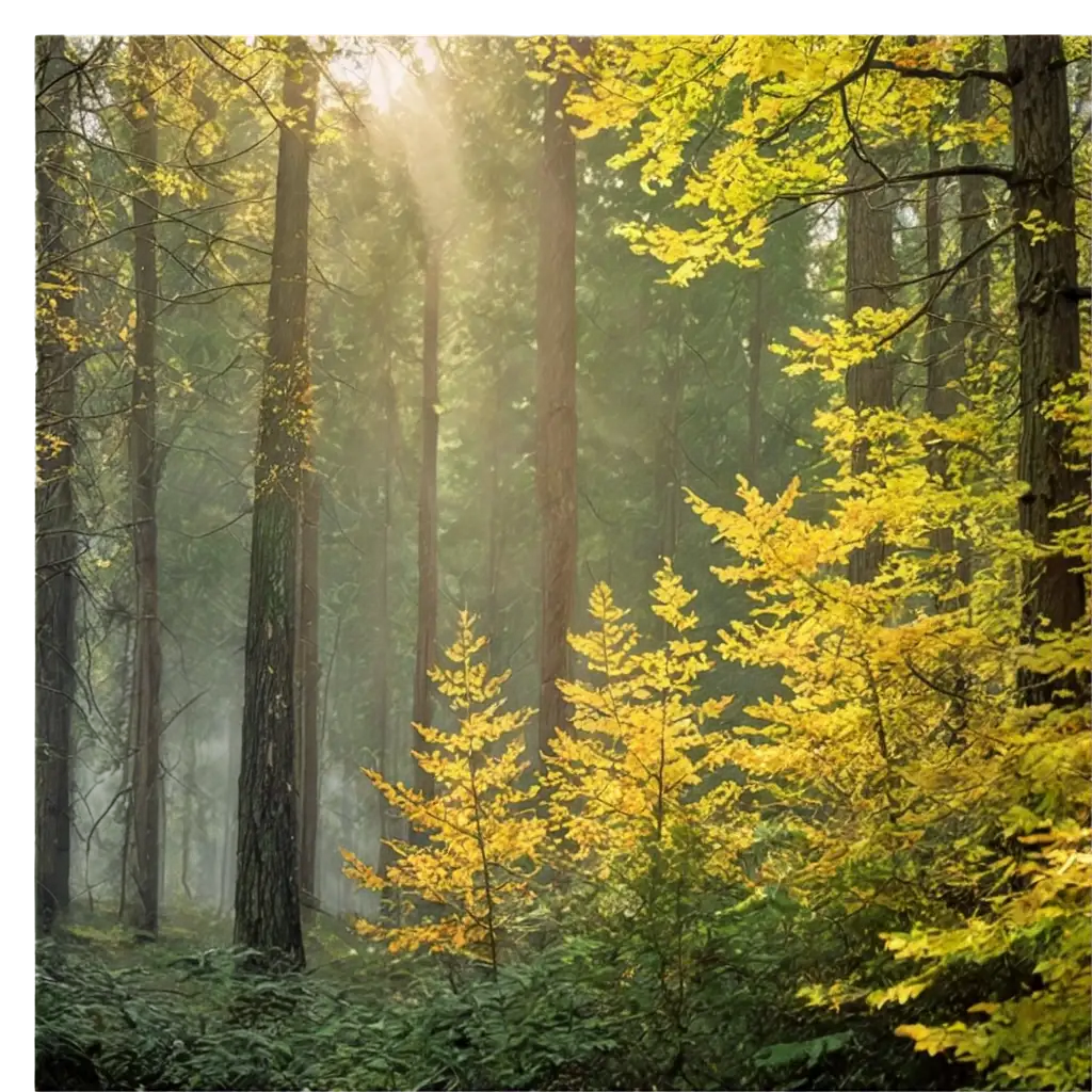 On the foreground a bulge, dense coniferous forest, many yellow, green leaves, falling leaves, rays of sunshine break through the branches of trees, warm light, super realistic, 8k