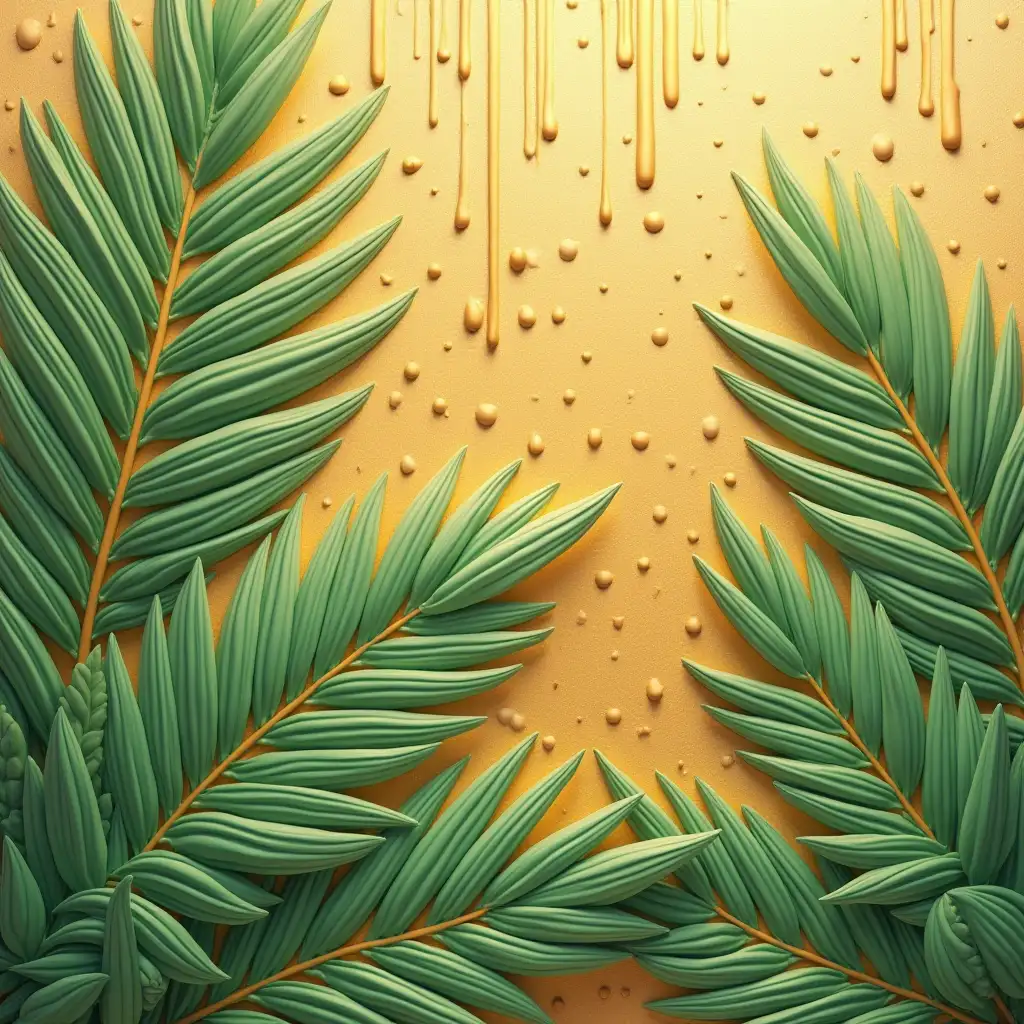 3D high bas-relief, palm leaves, wallpaper composition, play of light, glare, fresh green leaves in pastel colors, golden background, dripping oily gold, heavy drops