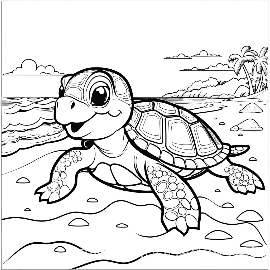 Cartoon-Turtle-Playing-on-Beach-Coloring-Page