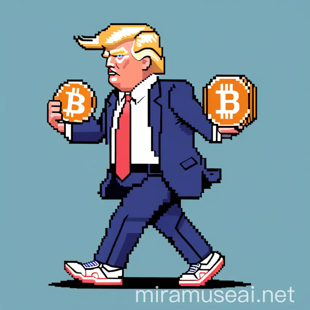 Pixel Art of Donald Trump Holding Bitcoin in Nike Sneakers