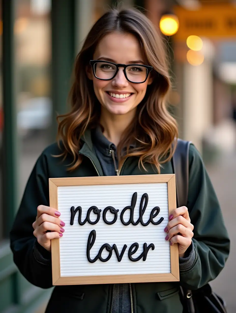 Fashionable-Lady-in-Glasses-Holding-Noodle-Lover-Sign