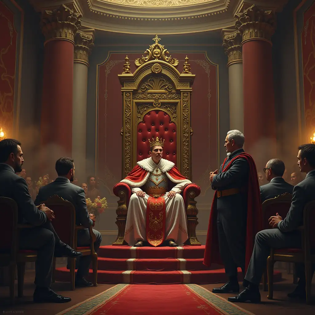 The King's Challenge** - A regal throne room, the king seated on a majestic throne, a worried minister standing before him, intricate decorations, tense atmosphere.