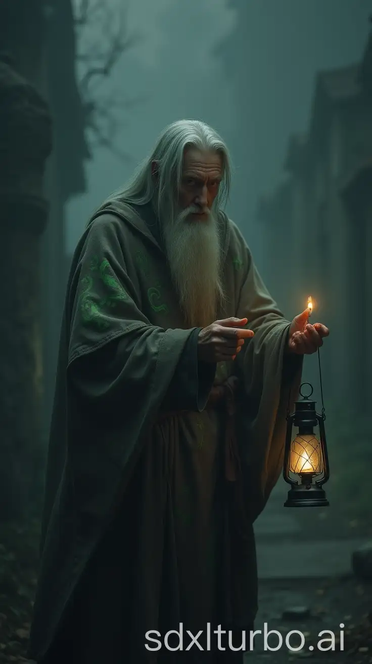 An old man with long grey hair wearing a worn out gray tunic with greenish symbols, holding a dim lit lantern, very dark, foggy, misty, mysterious, eerie atmosphere, formless shapes in the background