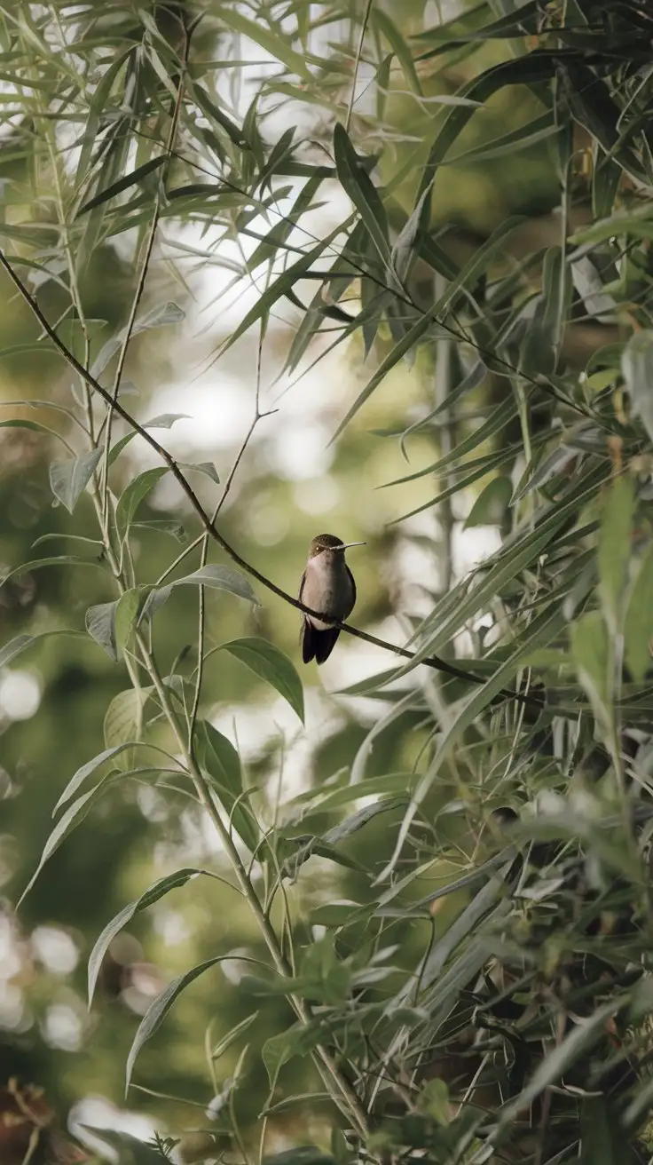 Hummingbird-Perched-on-Branch-in-Lush-Green-Foliage-with-Dappled-Sunlight