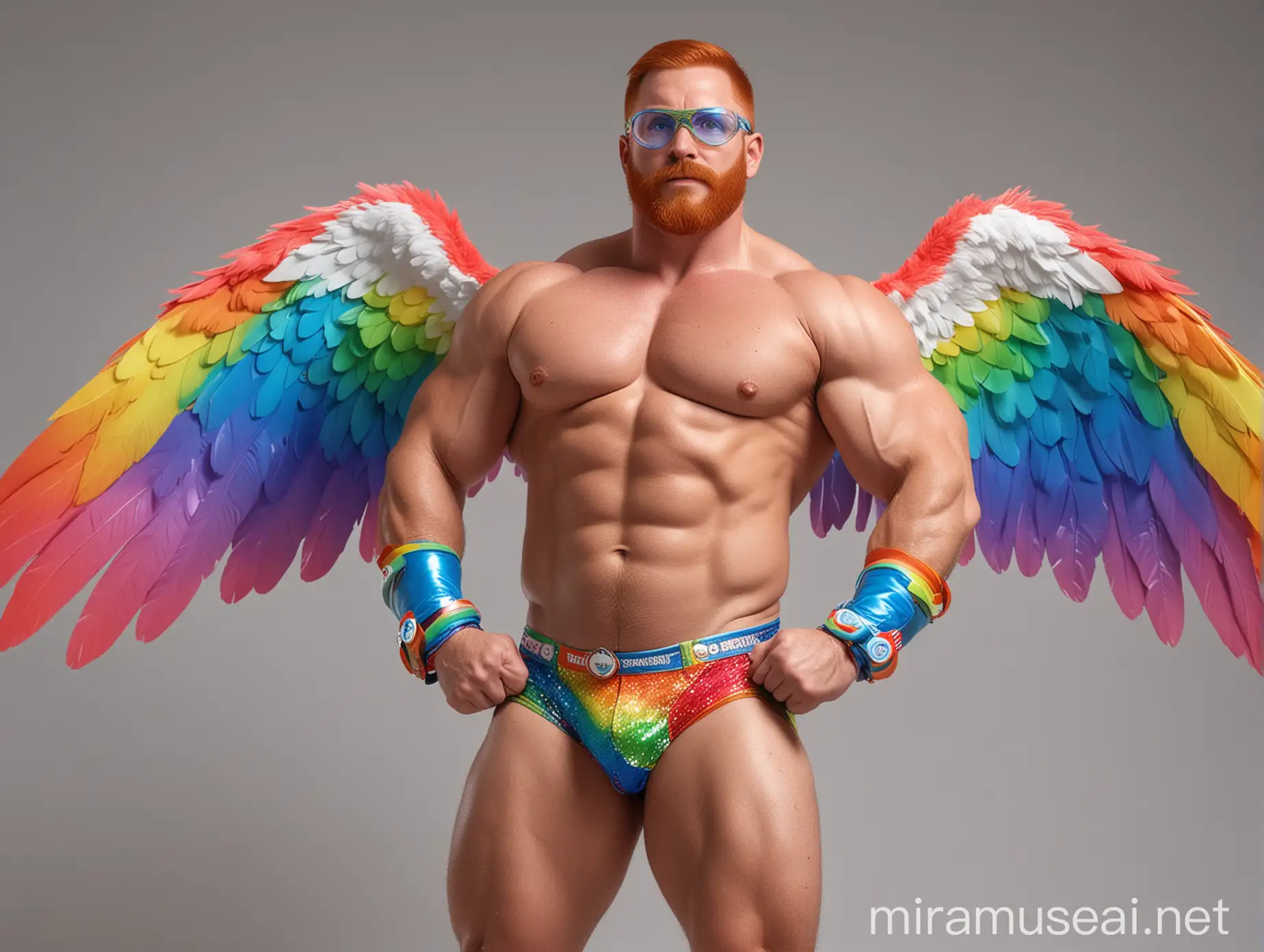 Colorful Bodybuilder Flexing with Rainbow Eagle Wings Jacket and Doraemon Goggles