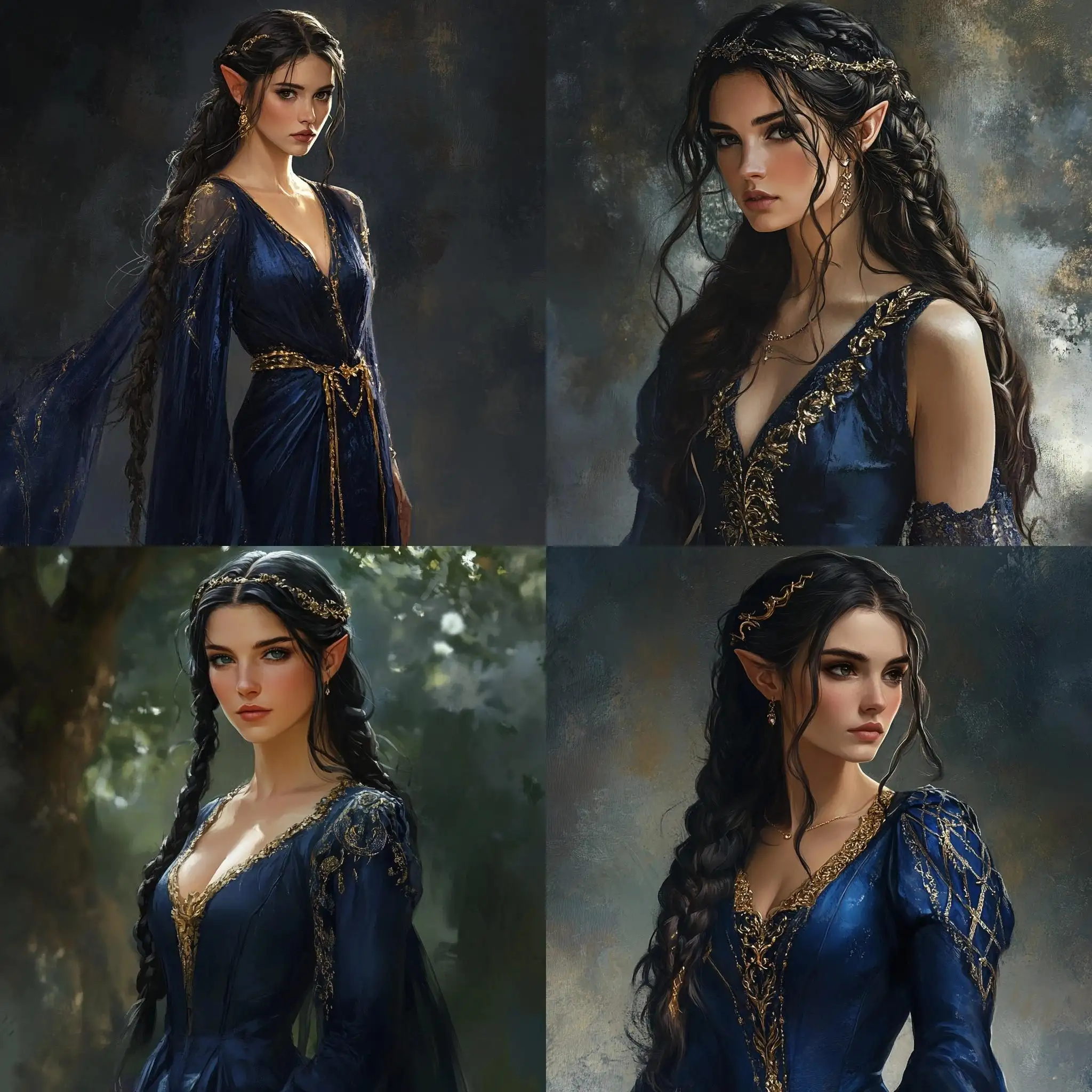 Elven-Woman-in-Blue-Gown-with-Braided-Hair-and-Gold-Pins