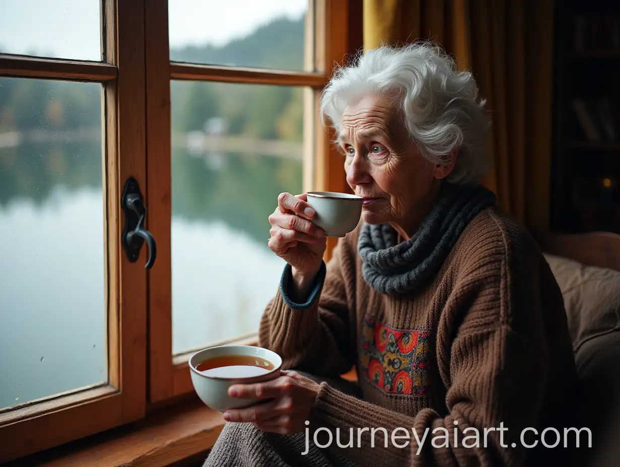 Old-Woman-Sipping-Tea-in-a-Cozy-Cabin-by-a-Lake-and-Forest