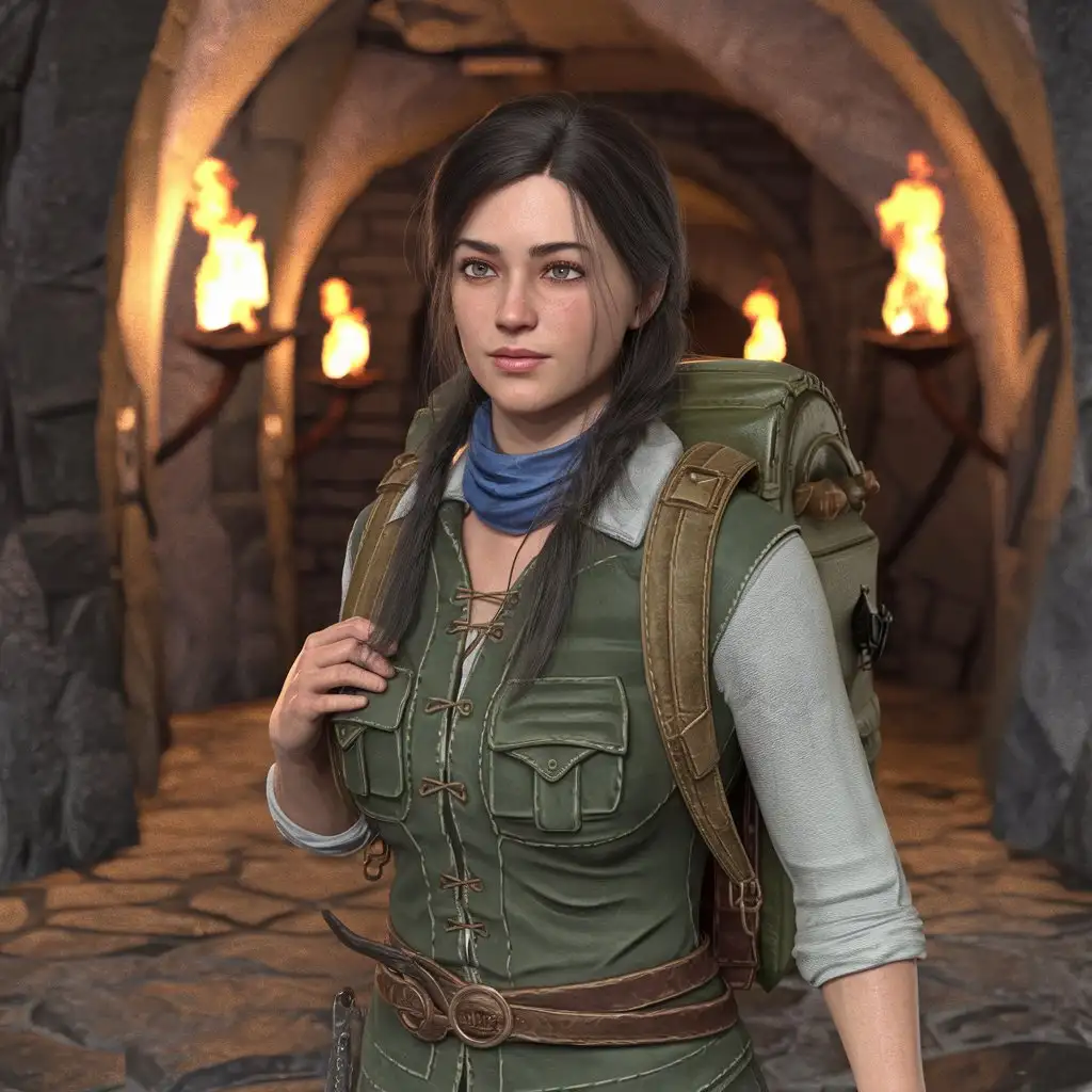 a realistic beautiful and feminine girl traveler with a backpack is moving in front of a 3d dungeon