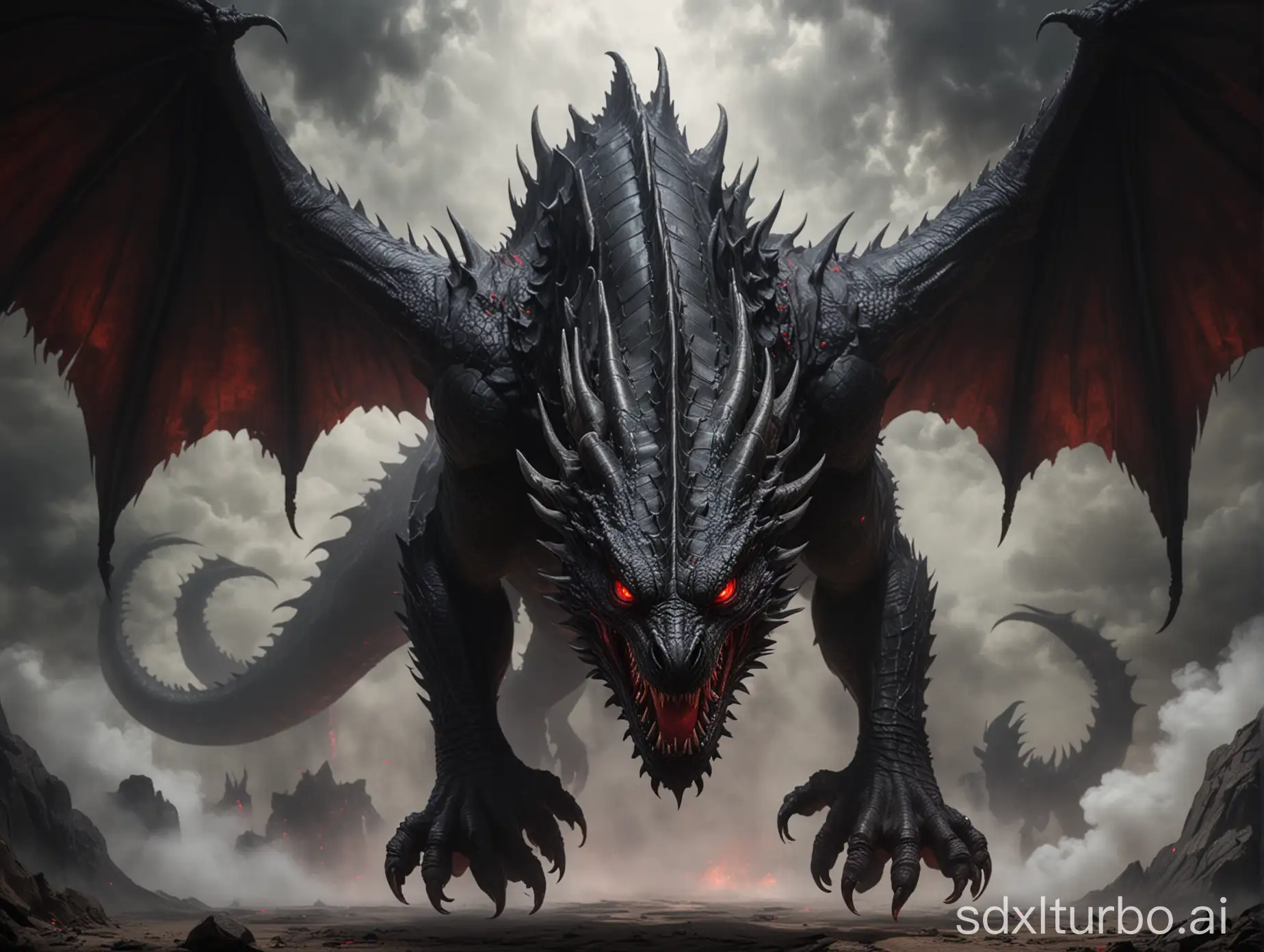 big black evil dragon with red eyes looking down at you and his whole body is completely in the frame