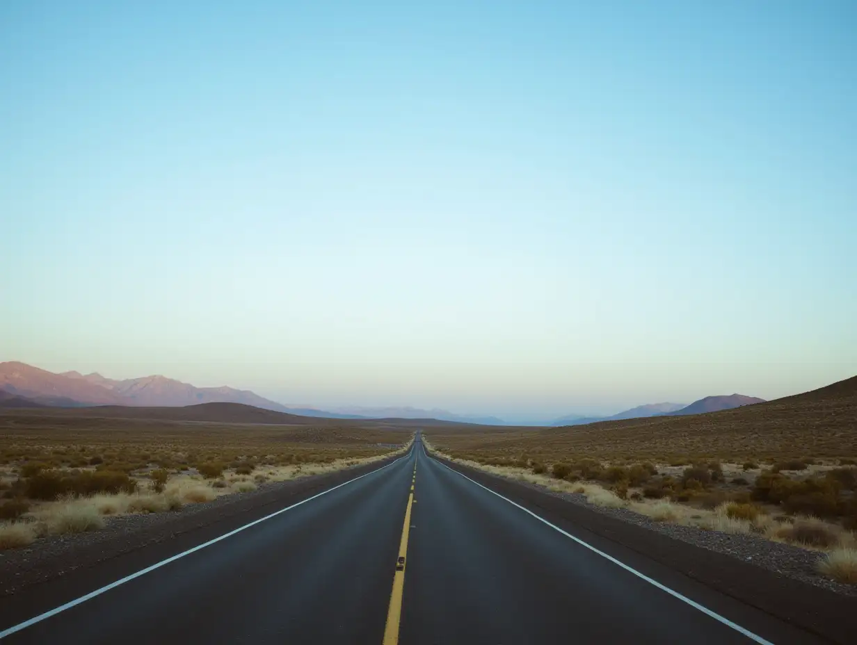 Desolate-Road-in-Tranquil-Landscape-Under-Clear-Sky