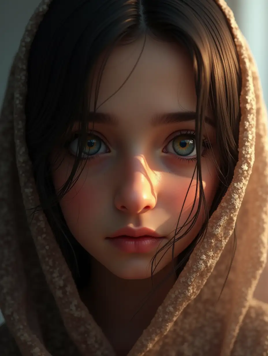 Pakistani girl with her hair falling on her face, trying to cover them, with blue eyes, realistic, excellent detail, very detailed, high-level, 8k resolution, photorealistic concept art, detailed and realistic, with soft sunlight filtering through the hair