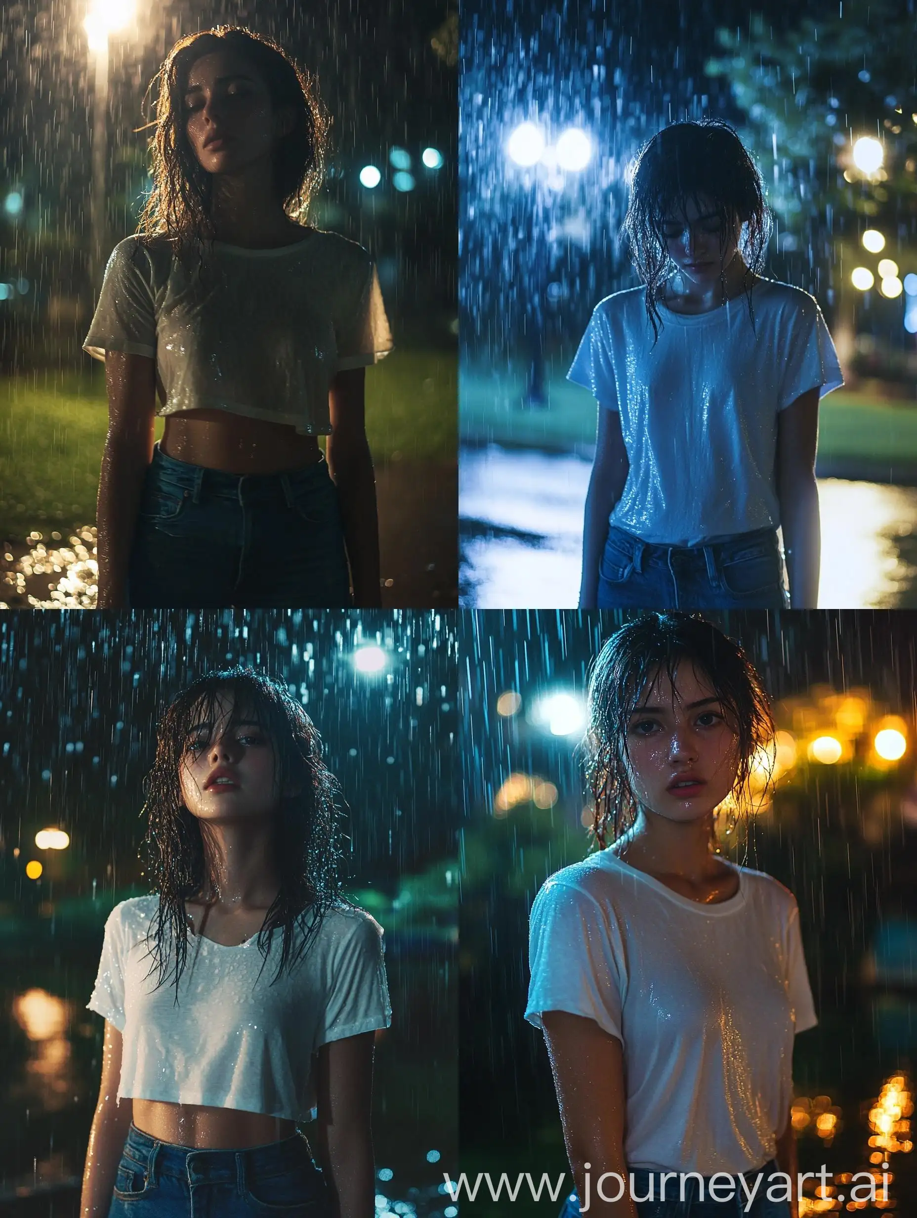 19YearOld-Woman-in-Heavy-Rain-Wearing-Oversized-White-TShirt-and-Blue-Jeans-in-Gloomy-Park