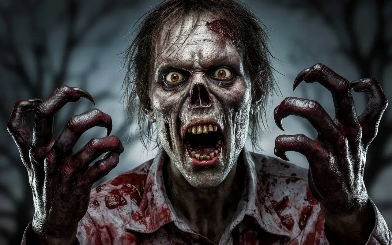 The close-up image shows the face and upper body of the creature. The creature is a rotting zombie with dark and creepy features. His eyes are wide open, and his mouth is wide open, revealing sharp crooked teeth. His hands are covered in blood and dirt, and his claws are sharp and curved. The background is dark and blurry, which makes the creature the center of attention in the image. The general mood of the creature is gloomy and threatening.