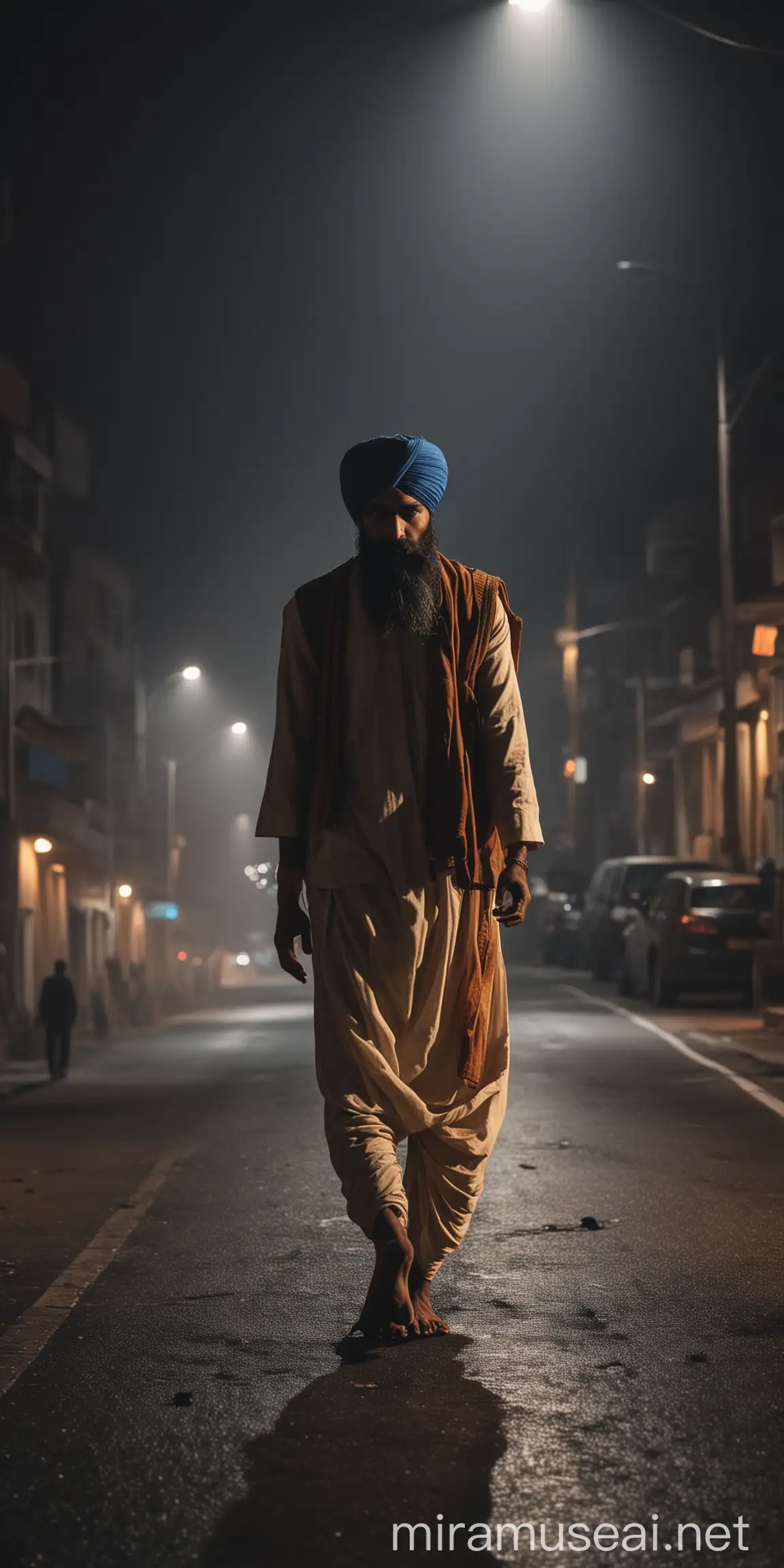 Peaceful Night Scene Sikh Man Walking on Urban Street