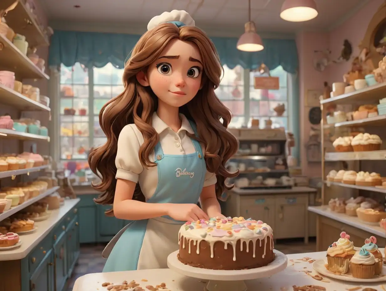 Wide shot of a girl with long brown hair, wearing a baking outfit, in a cake shop, 3d disney inspire