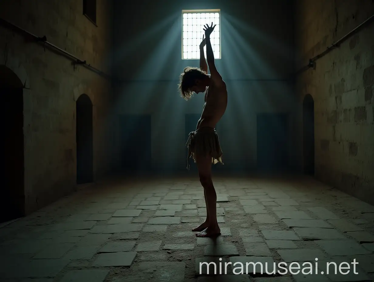 A low angle, full body shot of an extremely lean, handsome young man, about 18 years old, standing barefoot on his toes on a cold, dirty stone floor in a dimly lit, wide ancient vault. His body is positioned to the left, showing his right side, his head bowed humbly, gazing at the floor, his long, tousled hair unkempt. His slender, delicate frame glistens with sweat. He wears a ragged, torn and ripped loincloth, thin with age, barely covering his dirty body. His expression is desperate, begging and fearful, accentuating his vulnerability. He stretches his arms out, above his head, as much as possible crossing his wrists high up in the air. His lean body maximally stretched out. The damp prison walls, thick with dust, dirt, and cobwebs, heighten the oppressive atmosphere. Faint light filters through a small grated window, casting dramatic shadows across the scene. The dramatic interplay of light and shadow focuses on extreme realism, capturing the suffering of the young man and the harshness of his environment, with vivid colors and meticulous attention to every agonizing detail. Shot with a Nikon Z7 II, 50mm f/1.4 lens, shallow depth of field.