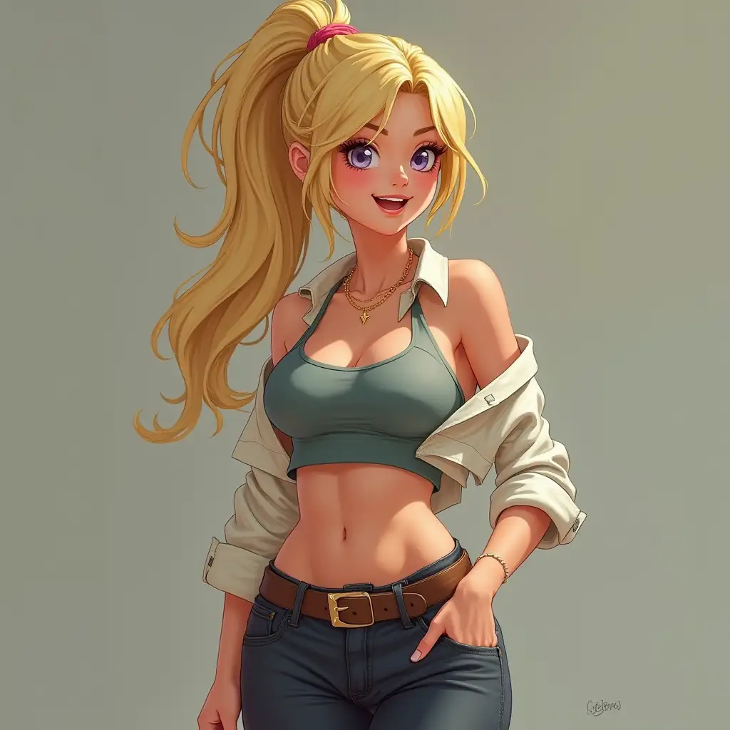 She has golden hair, in a ponytail. She is about 5 foot. Likes wearing tight pants. She wears crop tops with an undershirt. And is flat chested.