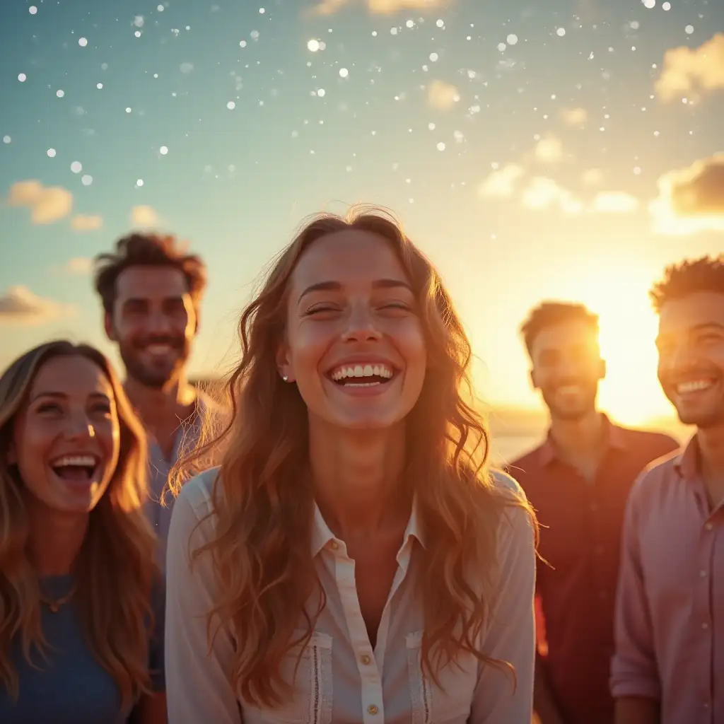 A photo of a person a group of people smiling, laughing, or embracing, with a sunny or starry sky in the background. The image should be vibrant, yet introspective, and convey a sense of hope and optimism. The color palette could include warm tones such as oranges, yellows, and pinks, with a touch of blue to represent the sky and the infinite possibilities. The overall mood should be uplifting and inspiring, encouraging the viewer to make the most of their time and live life to the fullest.