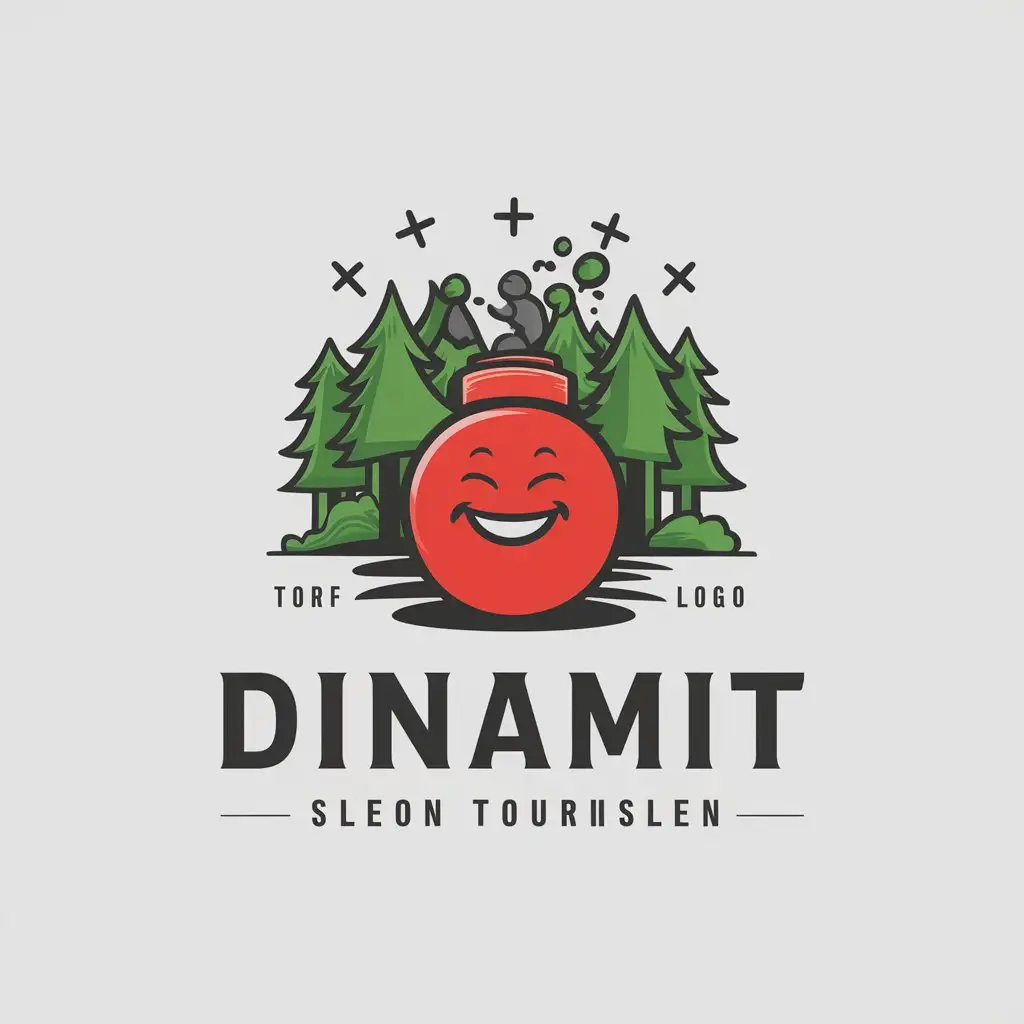 a vector logo design,with the text "DinamIT", main symbol:Happy Dynamite, explosion, Tourism, forest,complex,be used in hike industry,clear background