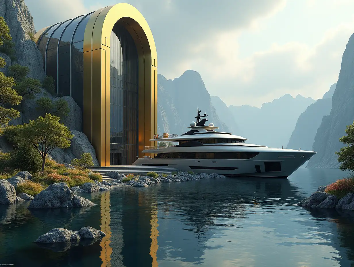 Create a high-resolution realistic image in 4k resolution of a futuristic gold and black building with curved pillars, mountains with large trees, rocks, flowers, a futuristic very large yacht with glass window and a cloudy sky