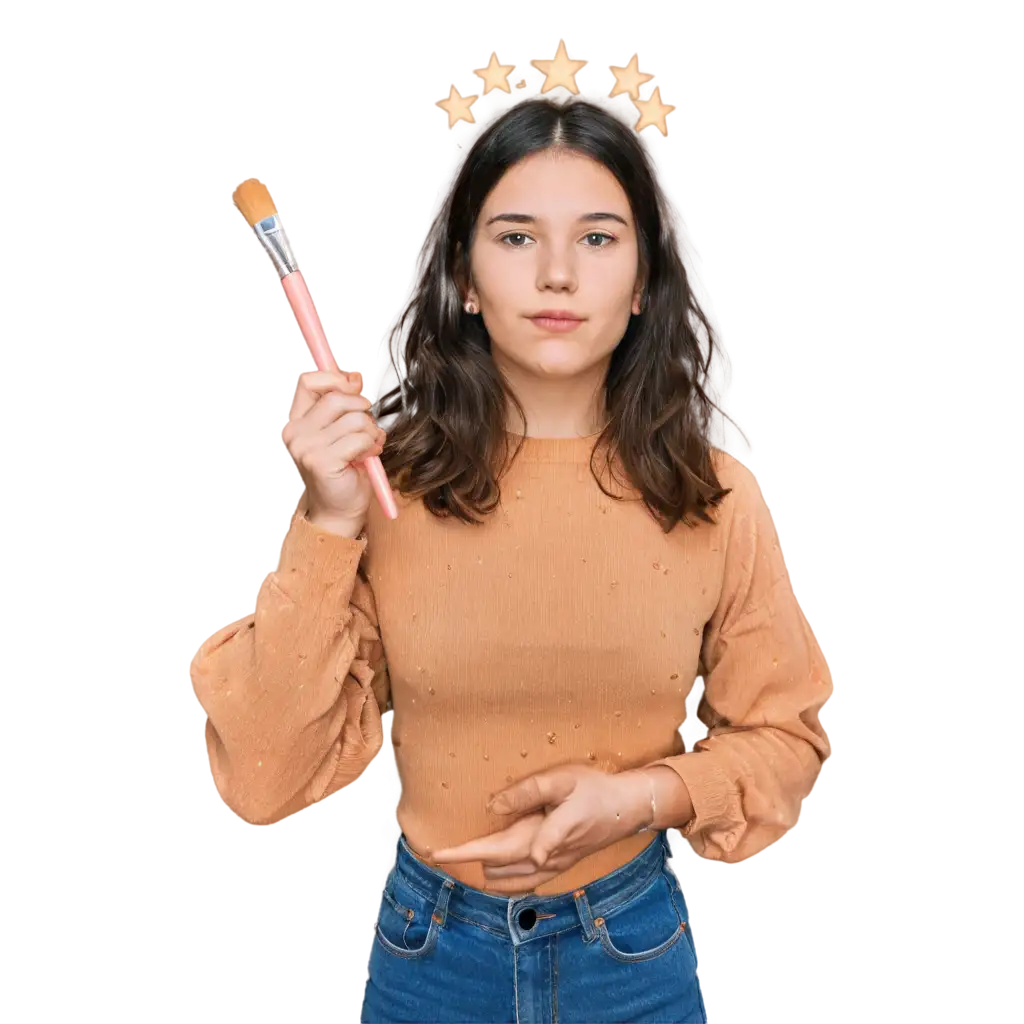 Girl-with-Burning-Eyes-Holding-a-Brush-Magical-Sparks-and-Stars-PNG-Image-for-Creative-Use