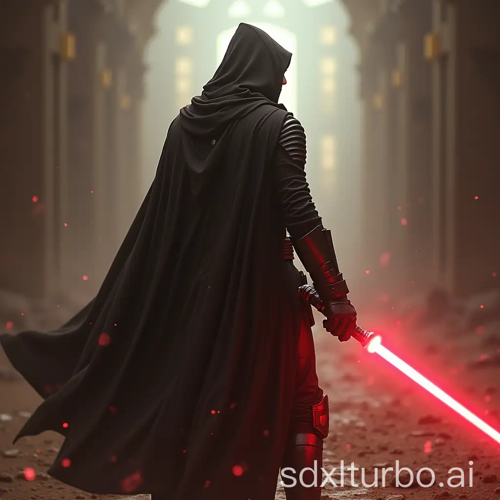 jedi from behind, full body, light saber, fight