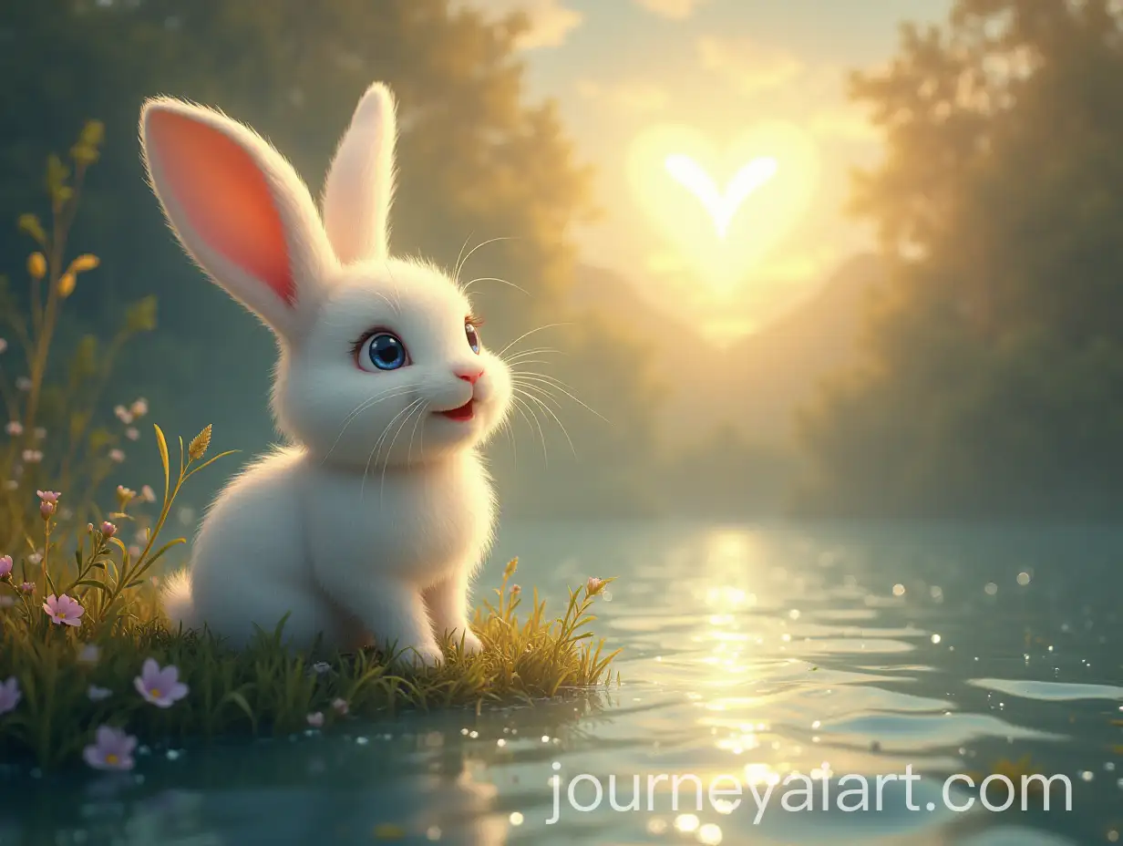 Fluffy-White-Rabbit-Luna-Watching-Dream-Light-Float-in-Golden-Sky