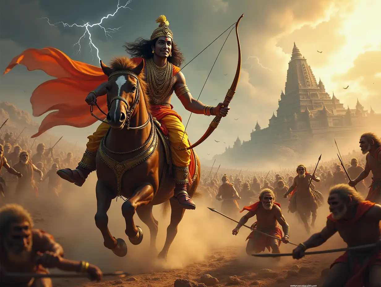 An epic depiction of Lord Rama in the midst of the Ramayana battle, standing valiantly on a chariot driven by Hanuman. Rama is holding his celestial bow, the Kodanda, with an arrow glowing with divine energy aimed at the enemy. His expression is fierce yet composed, radiating divine strength. Surrounding him is a battlefield with swirling dust, clashing warriors, and fallen weapons. In the background, the Lanka fortress looms under a dramatic sky with streaks of lightning. Vanaras (monkey warriors) are seen charging alongside Rama, adding to the intensity of the scene.