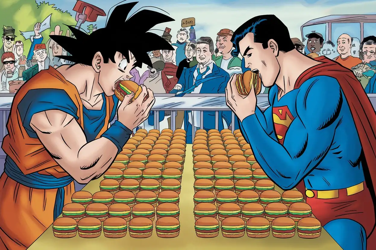 Superheroes-Eating-Contest-Goku-vs-Superman-Enjoying-Burgers-Outdoors