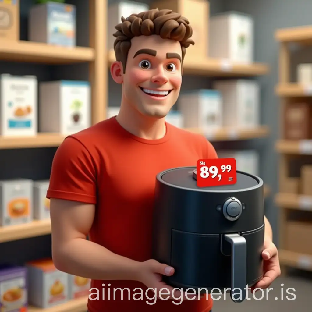 a character who works in a store, he has a red t-shirt and is holding a black airfryer with a red label on it that says 89,99 euros. the character is smiling