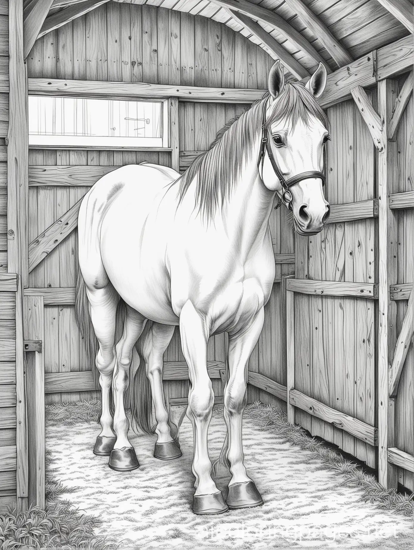 Simple-Line-Drawing-of-a-Horse-in-a-Barn-for-Kids-Coloring-Page