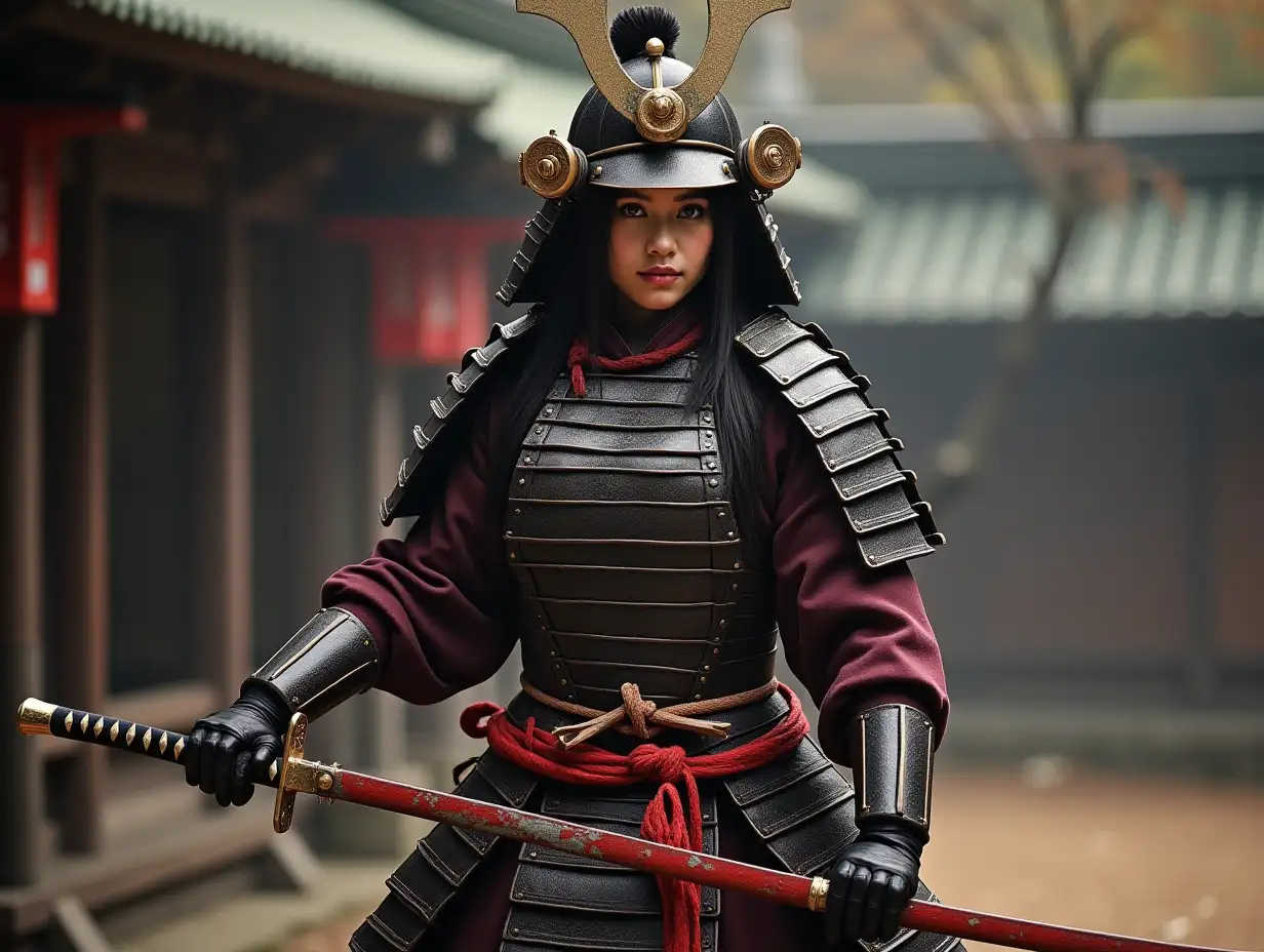 Realistic photo, japan Samurai Girls, Full Armor, full body, holding sword