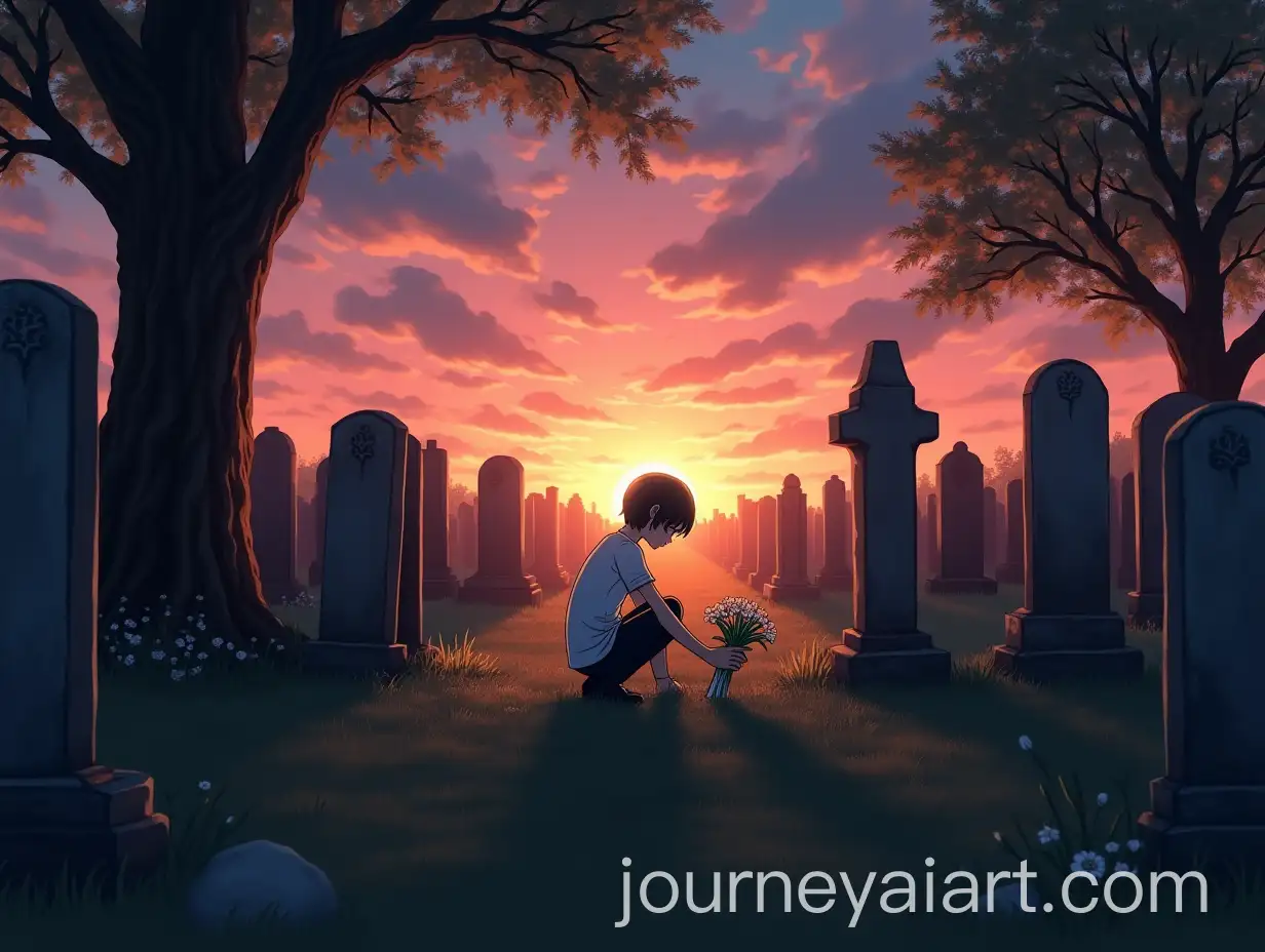 Serene-Cemetery-at-Sunset-with-Figure-Honoring-a-Grave