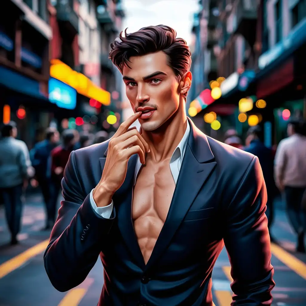 Cartoon-Handsome-Man-Touching-Lips-in-Urban-Street-Scene