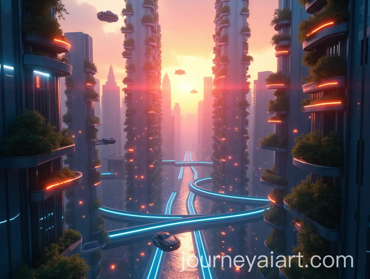 Futuristic-Cityscape-with-Glass-Skyscrapers-and-Flying-Vehicles-at-Sunset