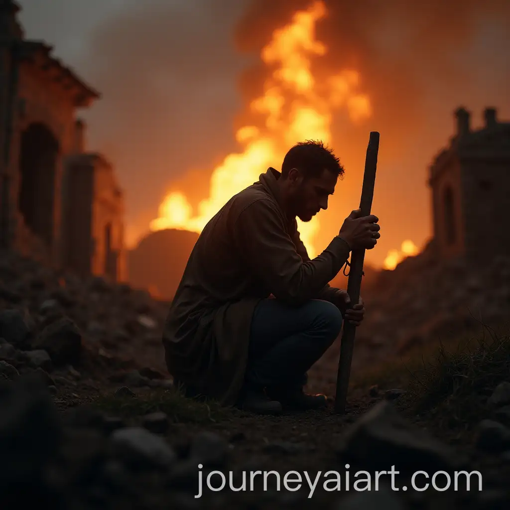 Lonely-Farmer-in-Despair-Amidst-Village-Ruins-Fire-Reflecting-in-His-Eyes