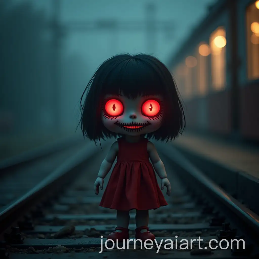 Creepy-Chibi-Doll-with-Glowing-Eyes-on-a-Foggy-Train-Platform-at-Night
