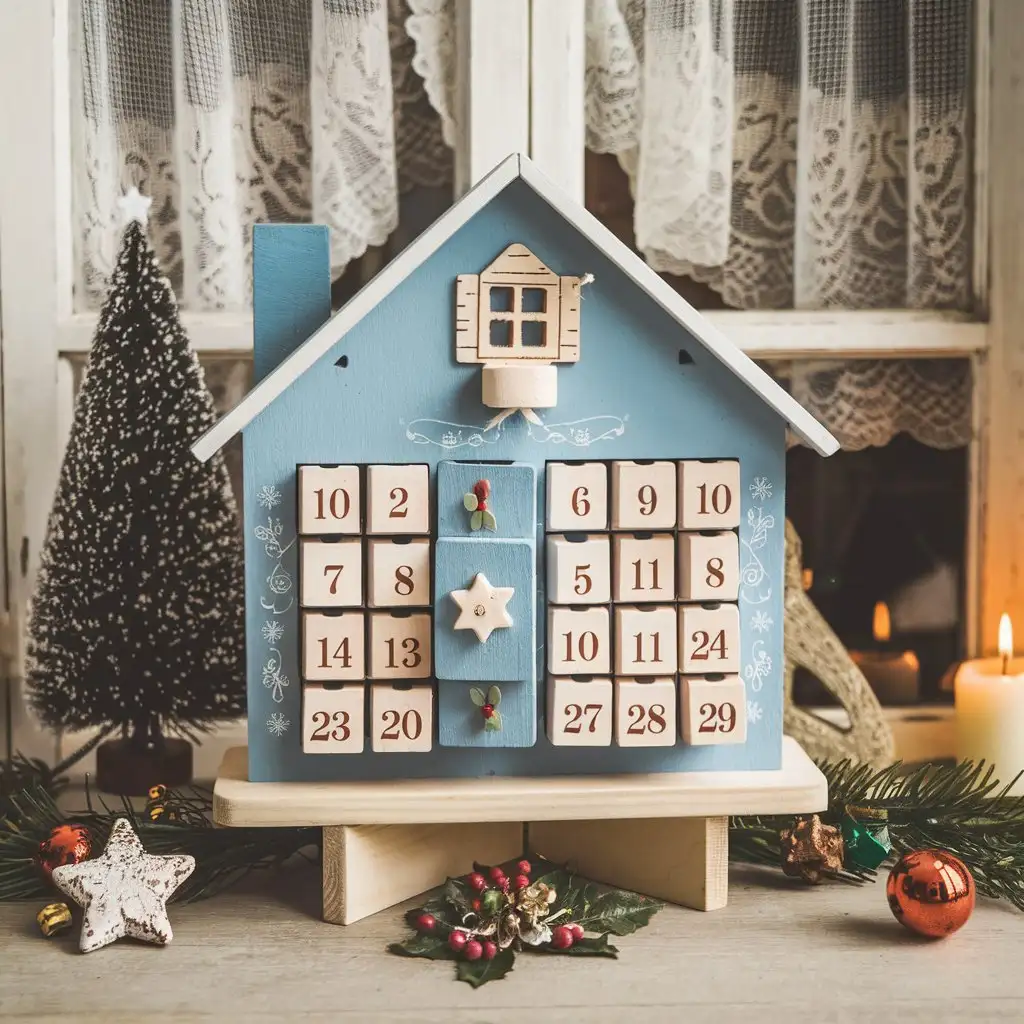 Advent-Calendar-Shaped-Like-a-Blue-House-with-New-Years-Decorations-and-Christmas-Tree