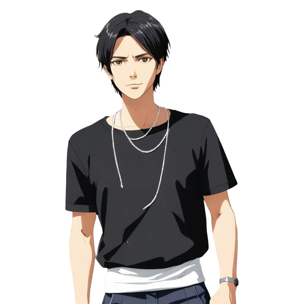 2D-Anime-PNG-Image-of-Man-in-Black-Shirt-and-White-Necklace-HighQuality-Design-for-Versatile-Use