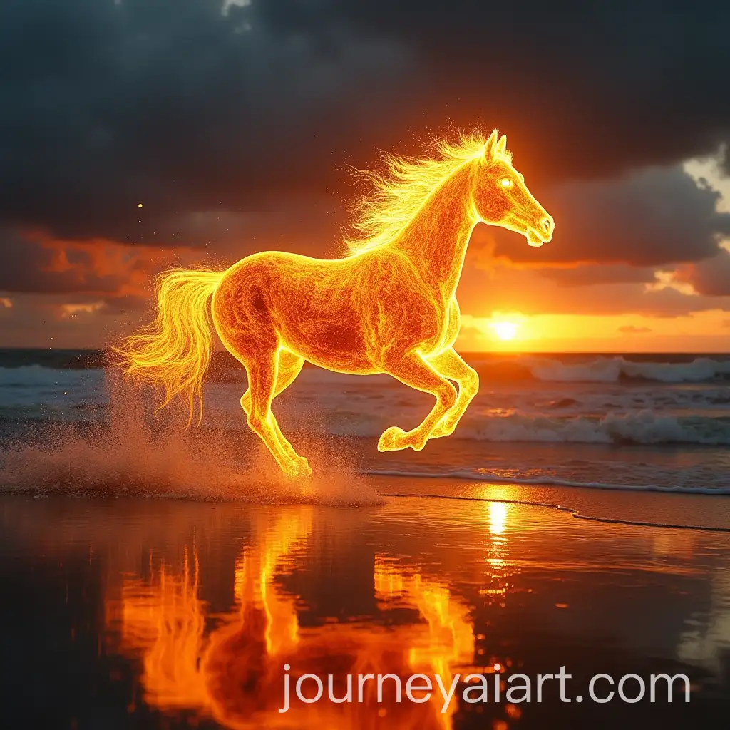 Glowing-Fire-Horse-Galloping-on-Beach-at-Fiery-Sunset