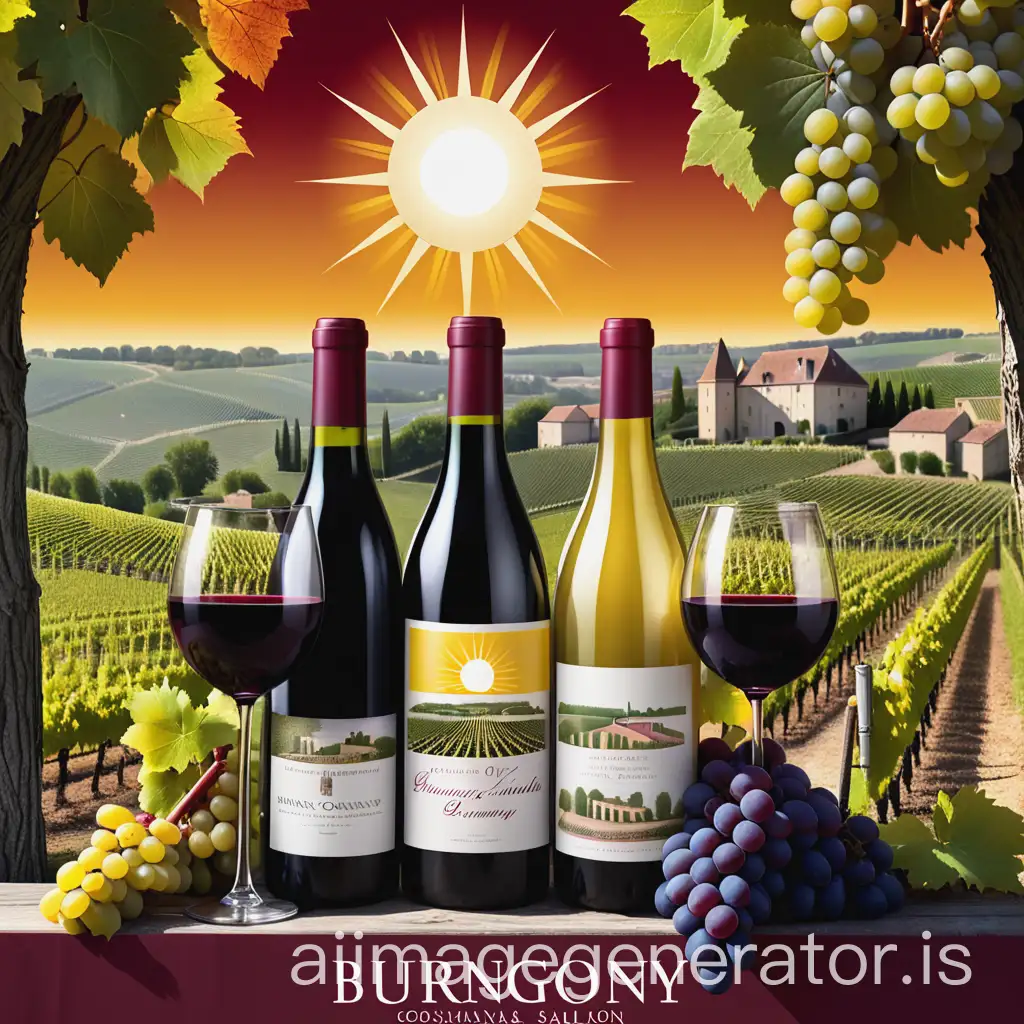 Wine-and-Gastronomy-Salon-Poster-with-Burgundy-Bottles-Sun-and-Vineyards