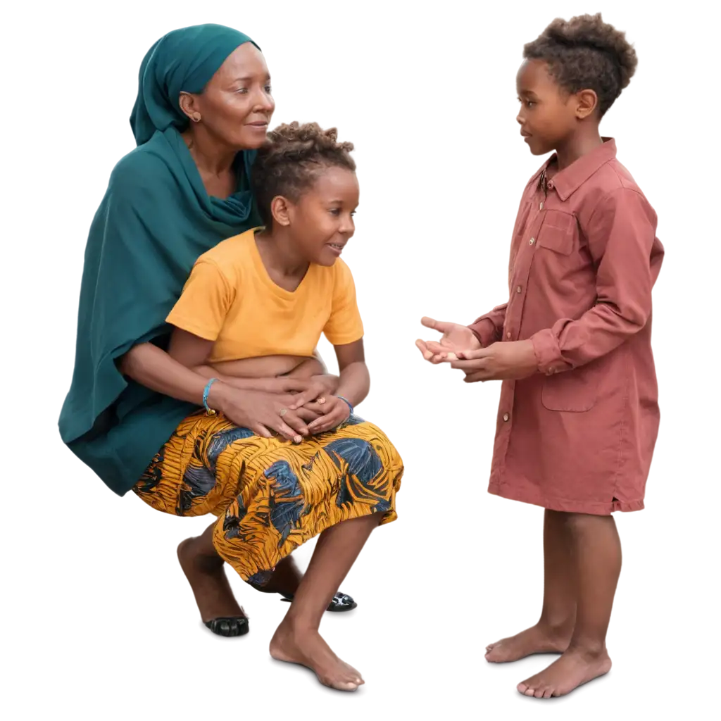 A serene African grandmother, wearing traditional attire with a warm and gentle expression, surrounded by her three grandchildren, seated in a circle around her. All four of them are listening intently as she tells them stories.