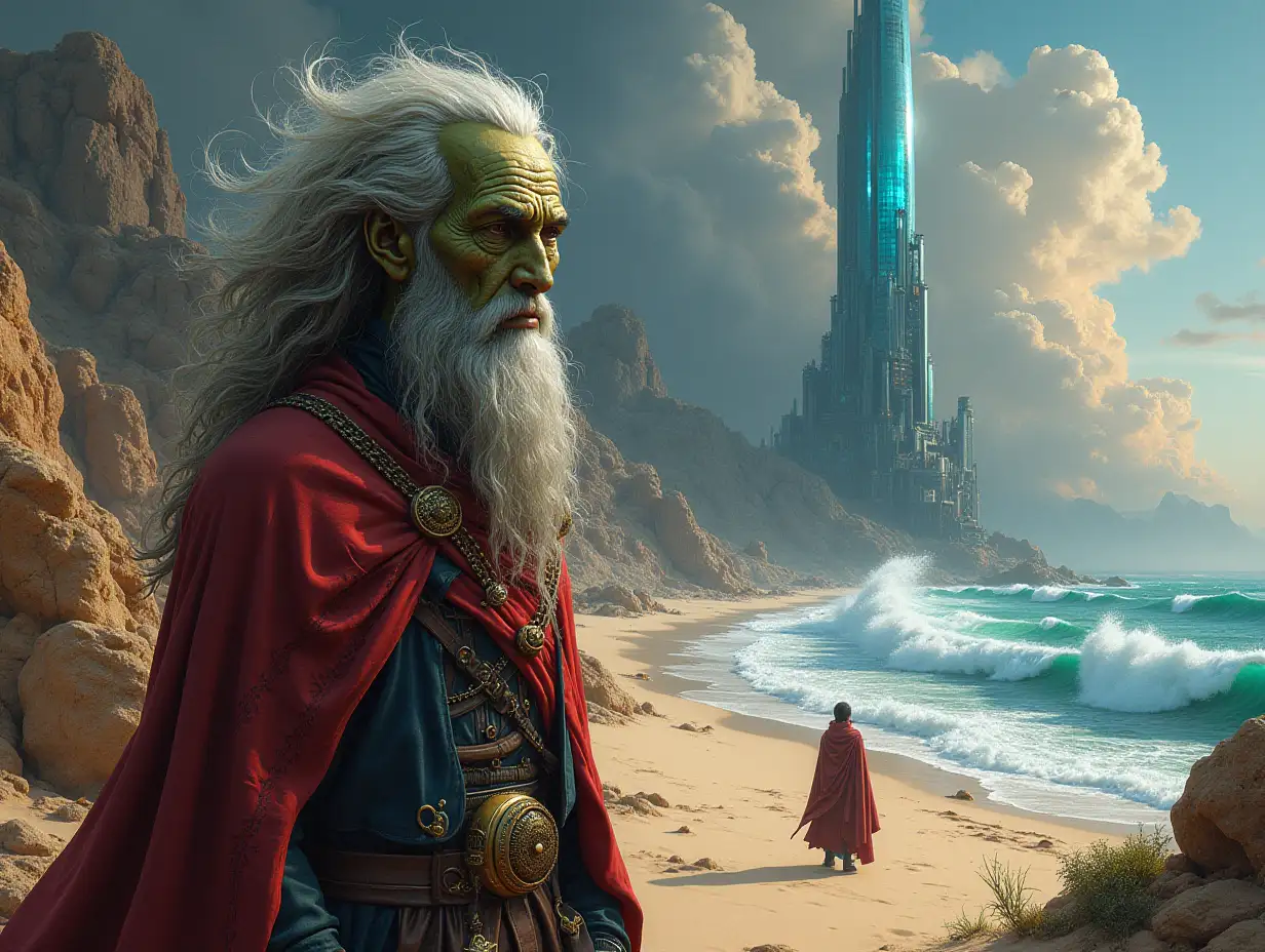 Hyperrealistic portrait of a multiverse time traveler with various alien beings-different fremde wesen. The elaborately detailed, colorful oasis in the desert, with dark clouds and a futuristic glass tower in the background, the sea with giant waves